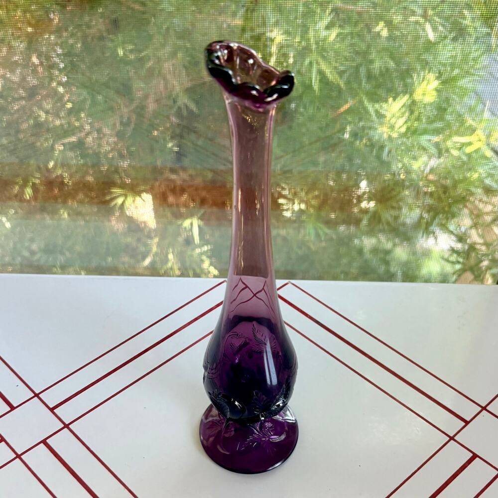Vintage MCM Fenton Amethyst Purple Glass Bud Vase Thistle Floral 11"
